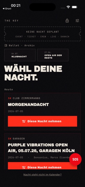 THE KEY, Kalender: perforierter Pass, Wallet-Archiv und Kölner Events mit einem roten Knopf pro Karte