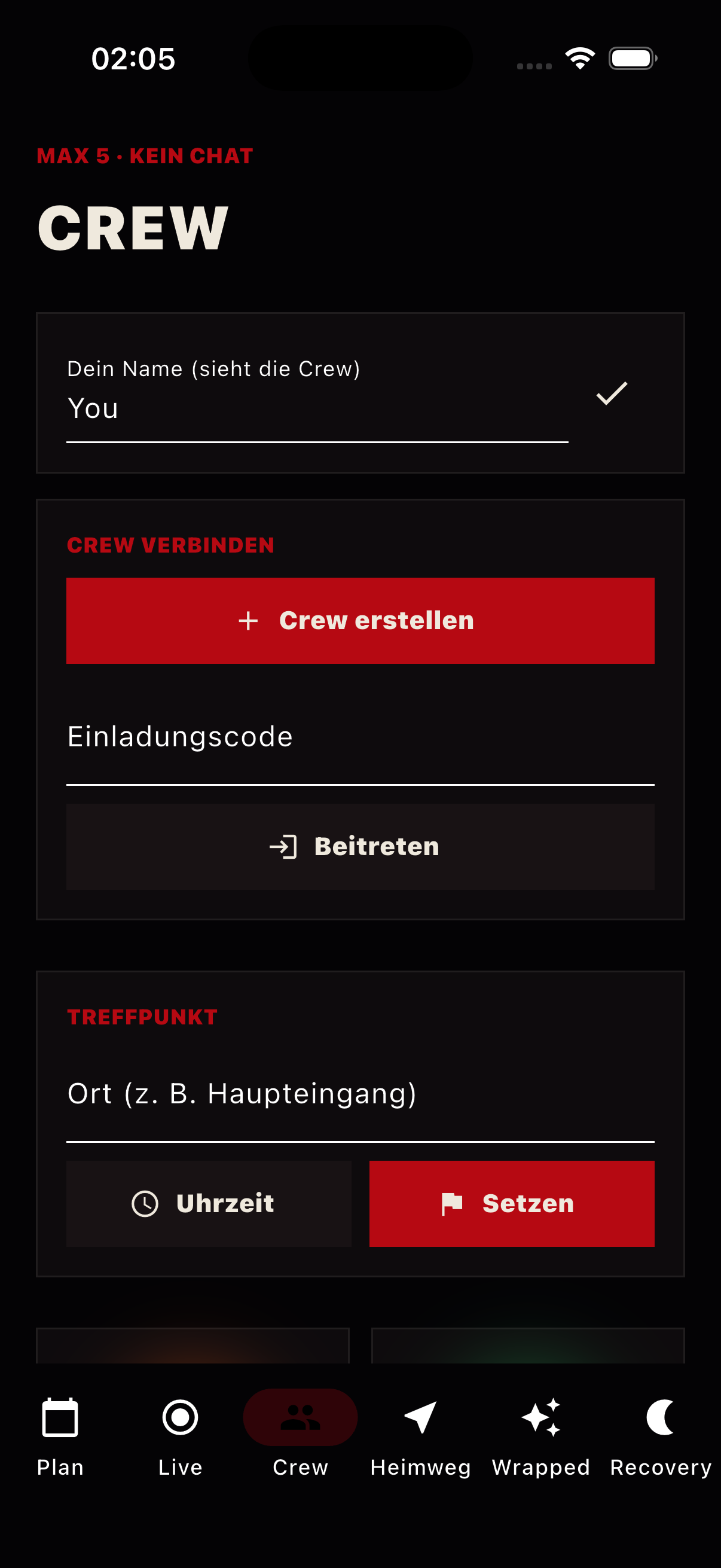 Crew-Screen mit Treffpunkt