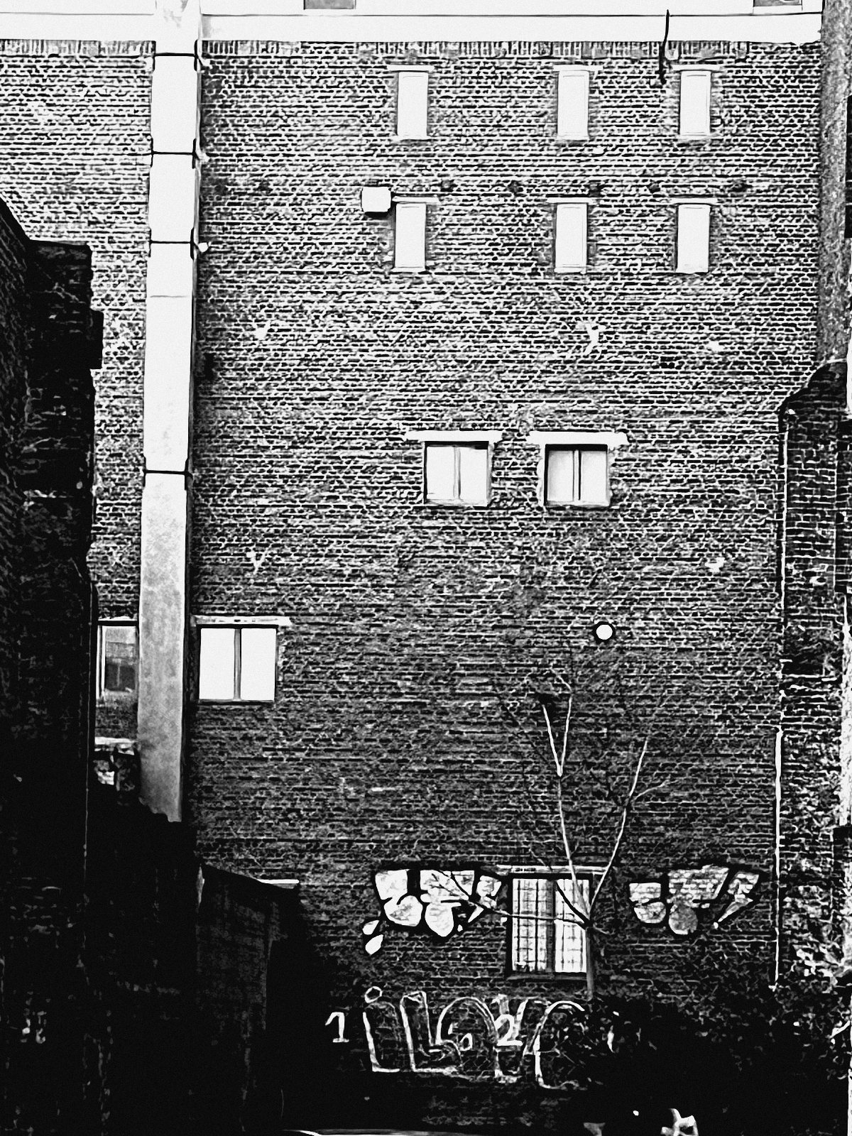 Hinterhof mit erleuchteten Fenstern und Graffiti